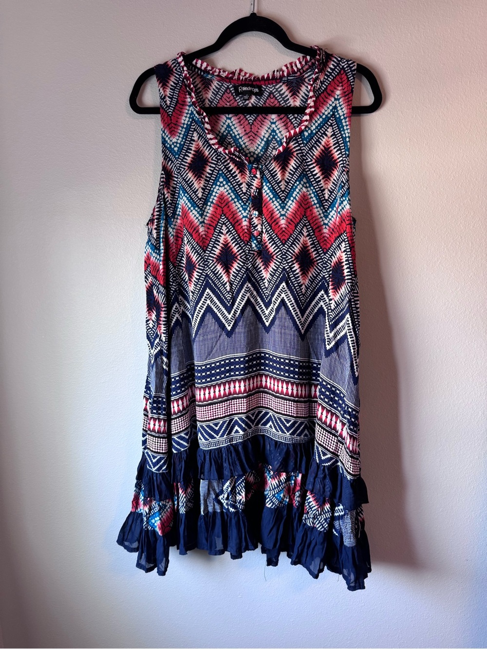 Sleeveless Printed Ruffle Hem Dress - Navy, Orange & White